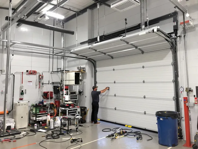 Lewisboro Garage Door Repair certified technician performing commercial door repair at a Lewisboro business facility
