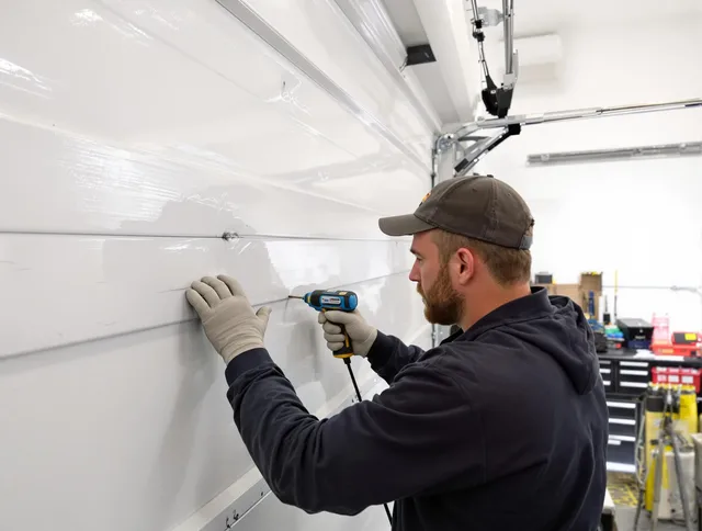 Lewisboro Garage Door Repair technician demonstrating precision dent removal techniques on a Lewisboro garage door