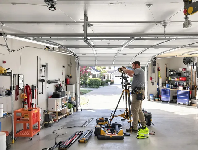 Lewisboro Garage Door Repair specialist performing laser-guided track alignment in Lewisboro